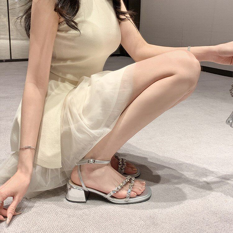 Sandal nữ gót thô 5 cm hở mũi đính đá kiểu Pháp — Màu bạc, Màu mơ, Màu đen