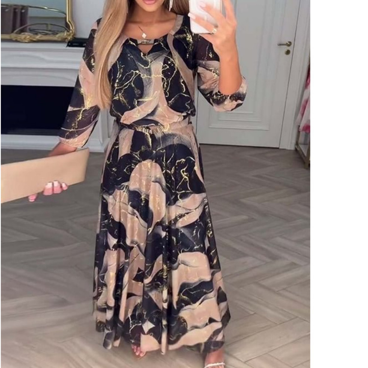 2025 Summer New Amazon Cross-Border European and American Style Elegant Three-Quarter Sleeve Printed Waist-Cinching Dress for Women 2025 Summer New Amazon Cross-Border European and American Style Elegant Three-Quarter Sleeve Printed Waist-Cinching Dress for Women