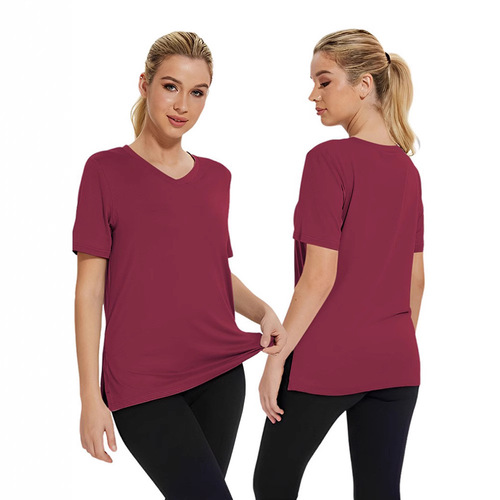 2025 Summer V-Neck Solid Color T-Shirt for Women | Loose-Fitting, Split-Edge Design—A Versatile Bestseller in Europe and America