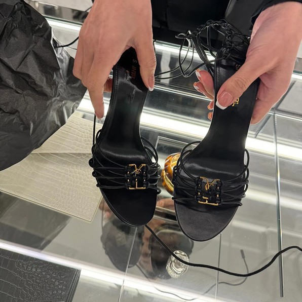 2025 Cross-border YS sexy zapatos de tacón alto con cordones cruzados para mujer nuevas letras hebilla de metal con punta abierta sandalias romanas