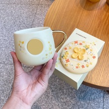 一件代发星巴杯子美人鱼铜章马克杯金桂陶瓷水杯带盖勺咖啡杯