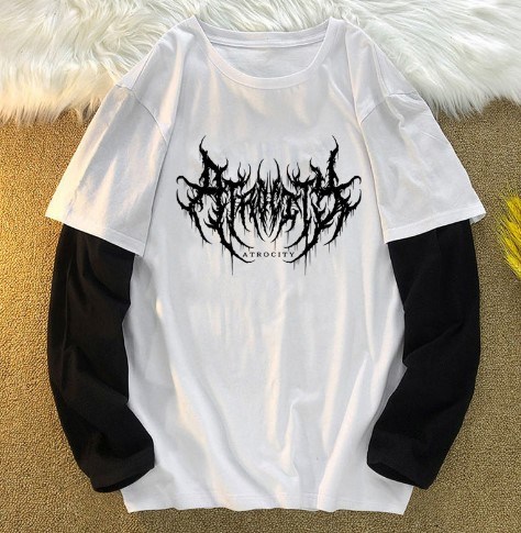 2024 primavera transfronteriza nueva letra impresa Jersey superior suelta falsa de dos piezas de manga larga Camiseta de las mujeres de tela de algodón