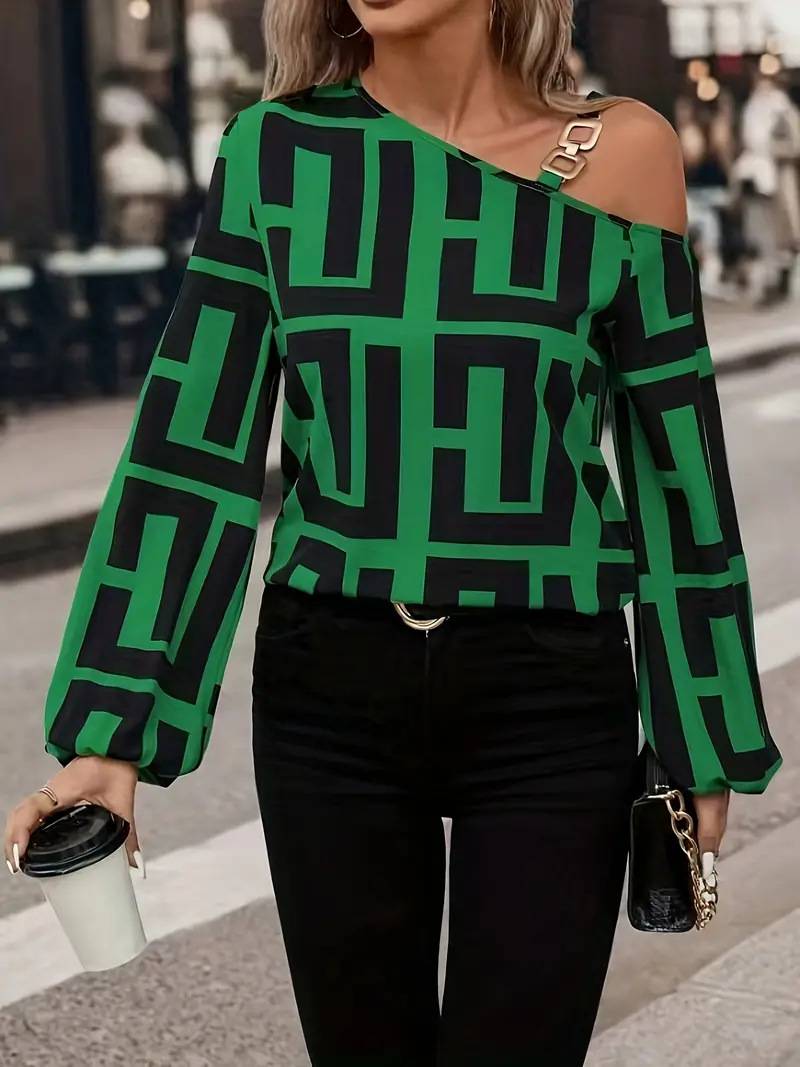 273g Weight Long Sleeve Sleeve Length Polyester Fabric Type Regular Top Length Blouse Tops Type Casual, Daily Occasion Oblique collar Neckline Regular Fit Fit Type Geometric Pattern Spring, Autumn Season Women's Gender Printing Design Elegant, Streetwear Style Wholesale Women's Elegant Streetwear Geometric Long Sleeve Printing Blouses 11