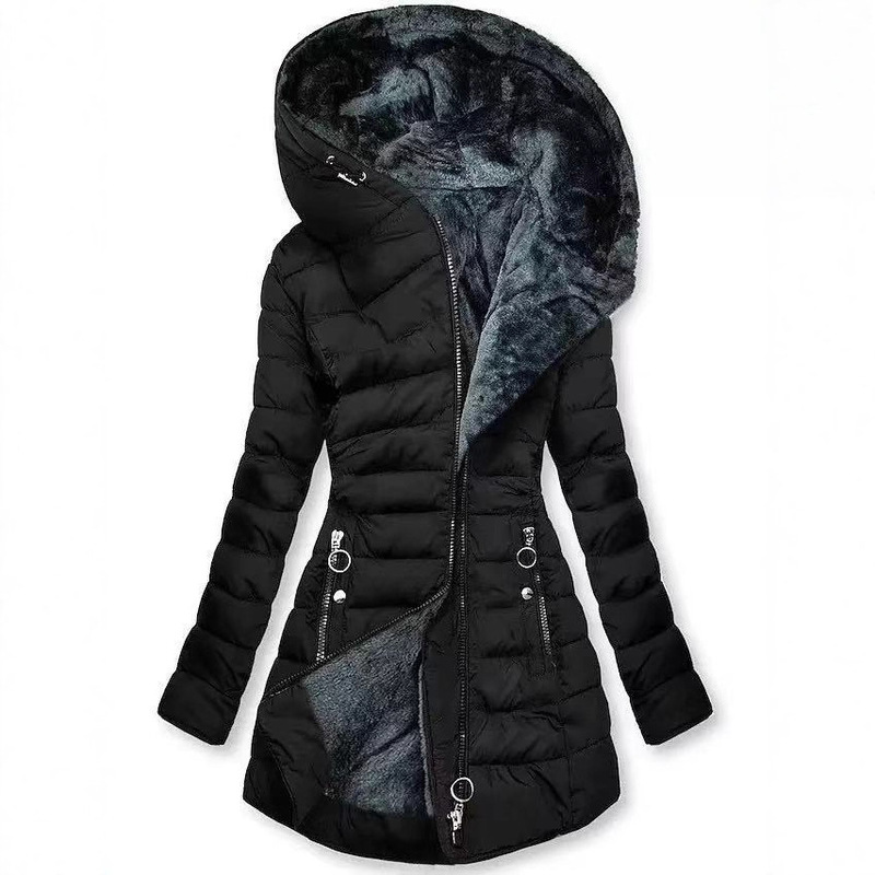 Autumn and Winter Thickeneded Warm Drawstring Round Zipper Stripesd Fleece-Lined Hooded Fashionable Slim Mid-Length Plus Cotton Coat for Women Autumn and Winter Thickeneded Warm Drawstring Round Zipper Stripesd Fleece-Lined Hooded Fashionable Slim Mid-Length Plus Cotton Coat for Women