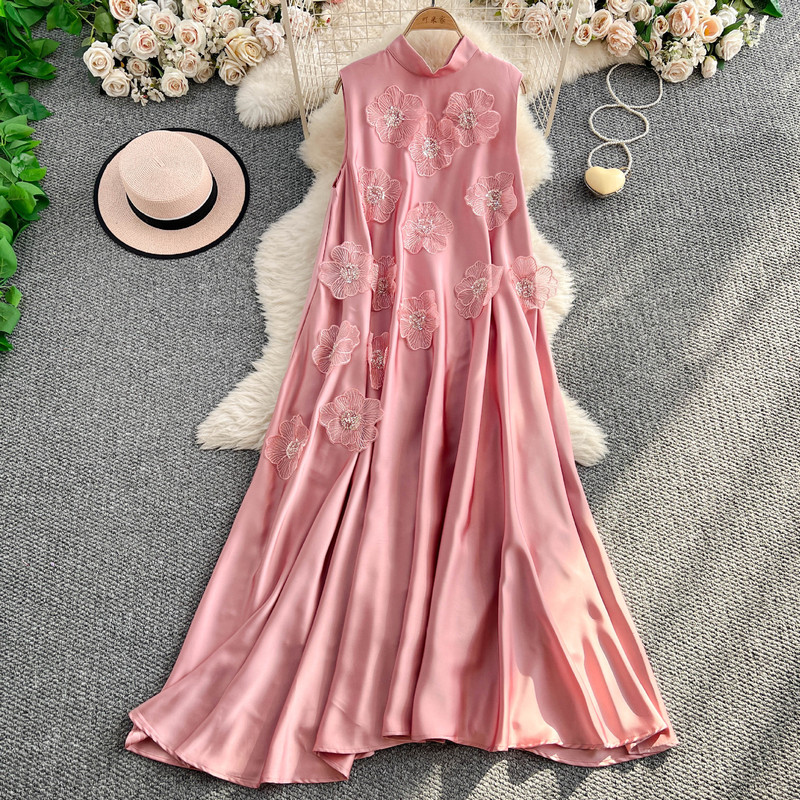2025 Summer Socialite Style Classy Goddess Style Stereo Flower Pink Long A-Line Sleeveless Vest Dress 2025 Summer Socialite Style Classy Goddess Style Stereo Flower Pink Long A-Line Sleeveless Vest Dress