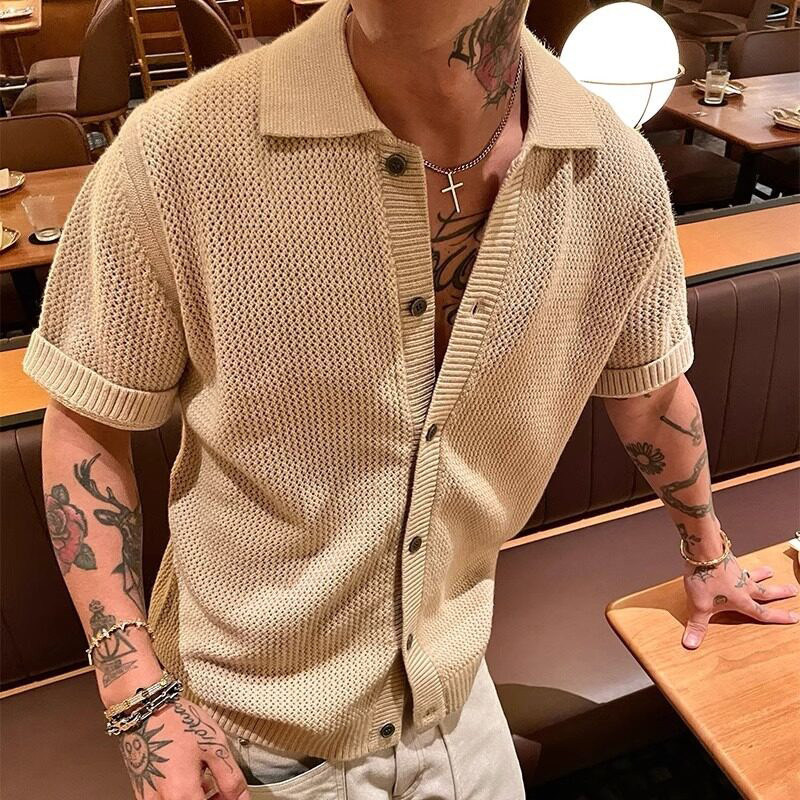Retro Old Money Style Ice Silk Knitted Short-Sleeved Shirt for Men, Summer Thin Style, High-End Outerwear Cardigan, Hollow-Out Shirt