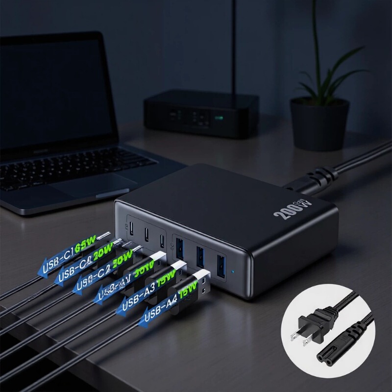 200W Gallium Nitride Multi-Port Charger Pd Fast Charging Usb-A 10-Port Desktop Multi-Device Charging Station Directly Supplied from the Manufacturer