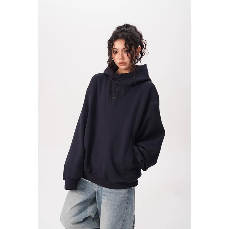 Felpa con cappuccio unisex in stile Hong Kong – Stile streetwear oversize con bottoni (M-3XL, 2 colori)_voghion.com