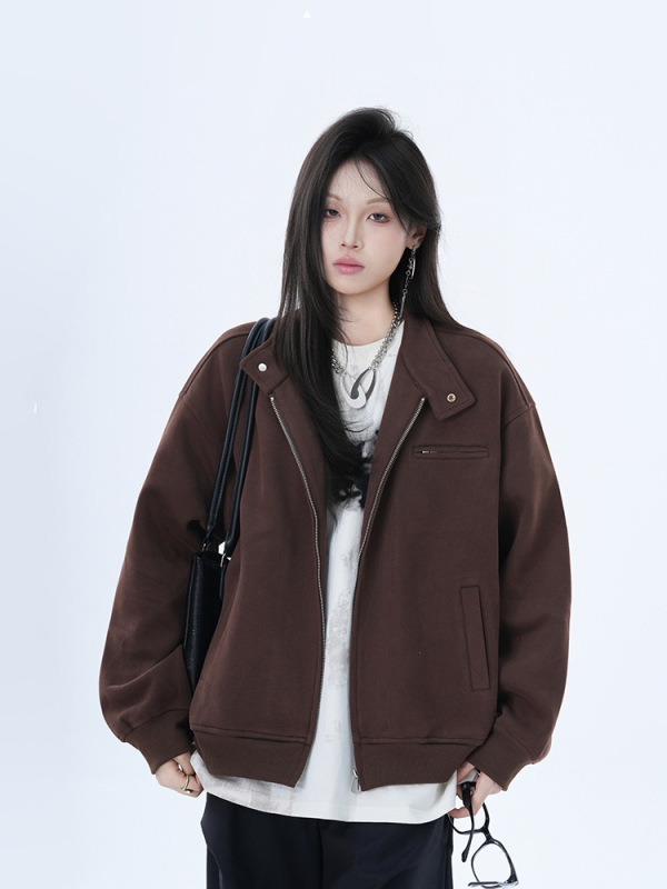 小众复古拉链开衫立领夹克女2025春秋新款设计感宽松情侣外套上衣|undefined