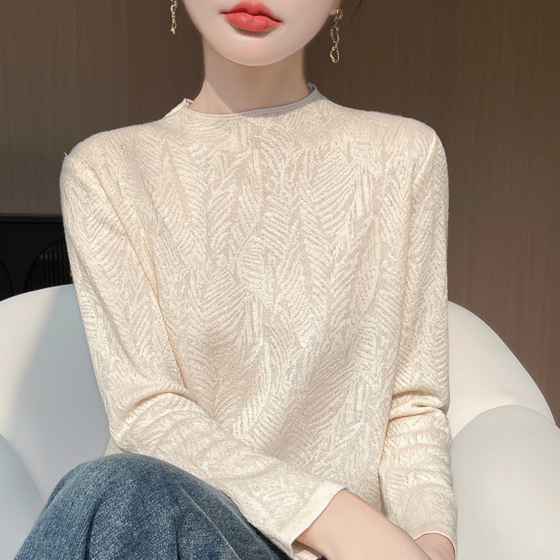 Comfortable thin worsted wool organza half-high collar women's base shirt spring and summer new jacquard long sleeve top