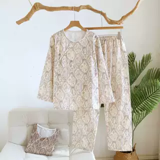 古风花纹柔软纯棉纱布透气睡衣女款长袖家居服套装春秋夏季冬款