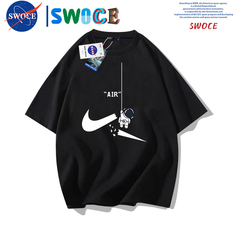 Astronaut Cartoon Printed Pure Cotton Short-sleeved T-shirt Men's Summer Students Trendy Brand Loose Shoulder Shoulder Half-sleeved Top