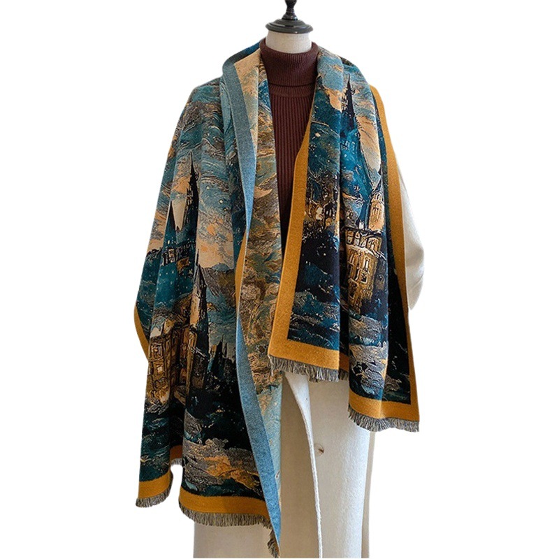 Qinghai Xizang Chaka Salt Lake travel oversized warm shawl female Van Gogh oil painting style thickened cloak air conditioning blanket