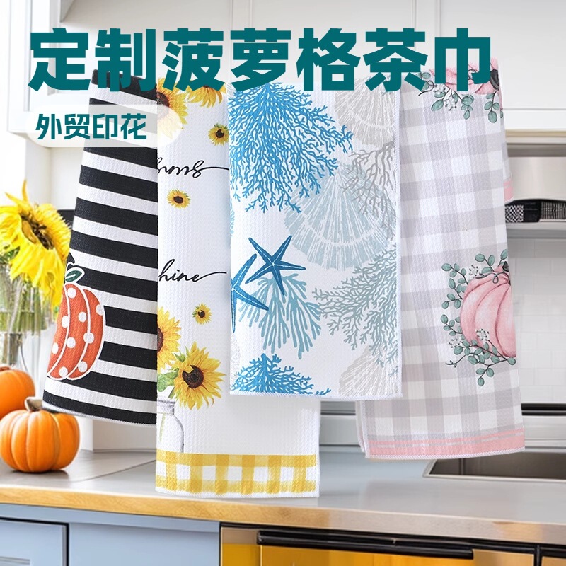 Amazon Pineapple Grid Foreign Trade Printed Tea Towel Sunflower Halloween Kitchen Towel Customized Beach Towel Wholesale