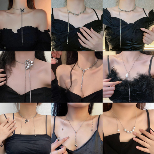 Cross-border high-end sense, retractable butterfly tassel necklace for women, fashionable design sweater chain, niche clavicle chain accessory, trendy