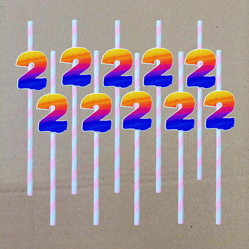 Decoración de fiesta digital colorida paja tarjeta de pastel de cumpleaños desechable paja de papel degradable 0 - 9 años