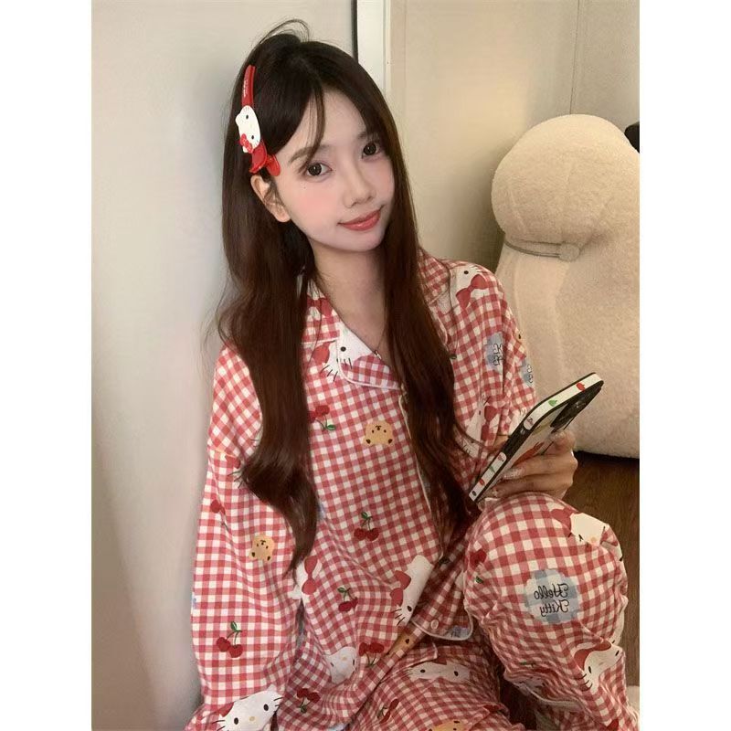 甜美条纹Kitty猫睡衣女春秋季长袖长裤套装学生宿舍 可外穿家居服|undefined