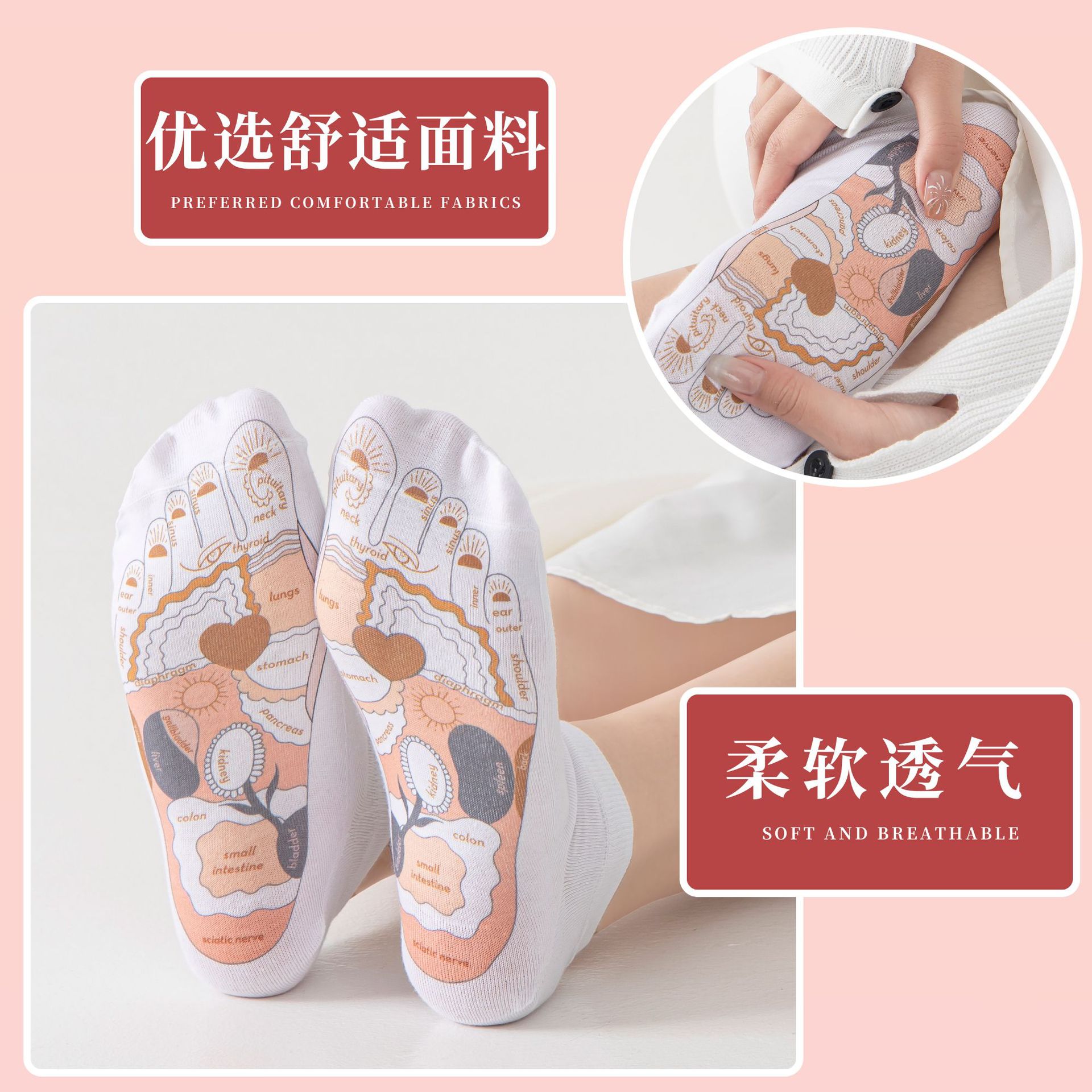 Calcetines de punto de acupuntura en inglés Reflexión de la suela Ilustración de punto de acupuntura Colores transfronterizos Terapia de pies Cuidado de la salud Calcetines de masaje