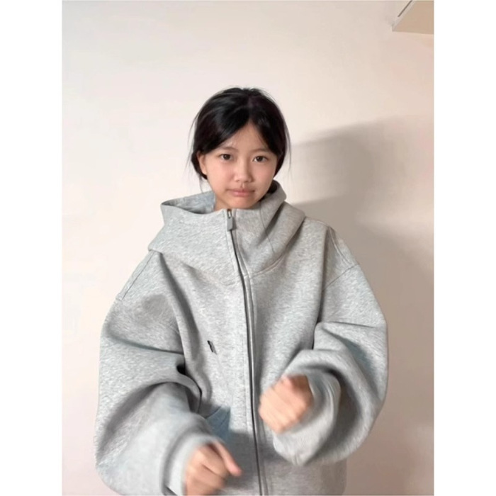 美式高街潮牌灰色高领连帽卫衣女春秋宽松高级感休闲情侣百搭外套|undefined