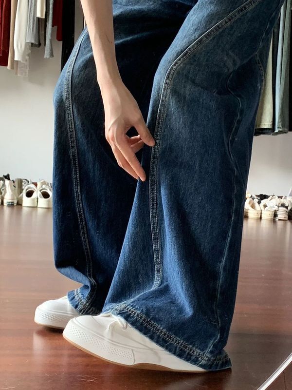 美式深蓝松弛感阔腿牛仔裤女韩版ins潮春秋季辣妹高腰弯刀长裤子|undefined