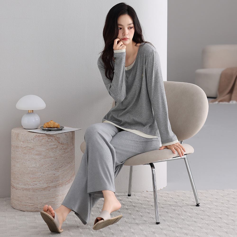 Girls' Self-Contained Bra Anti-Bulge Long-Sleeved Pants Home Clothes Spring & Fall Women's Comfortable Modal Round Neck Pullover Pajamas