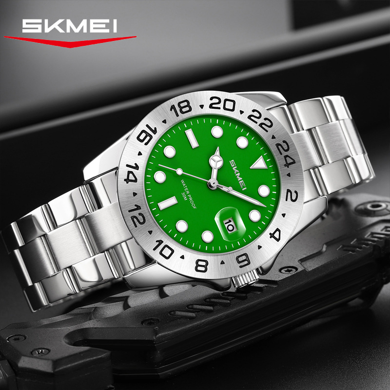 Momentos de negocios de ocio de acero reloj de mesa verde impermeable relojes de cuarzo para hombres lista de regalos de comercio exterior exclusiva para la fábrica de origen
