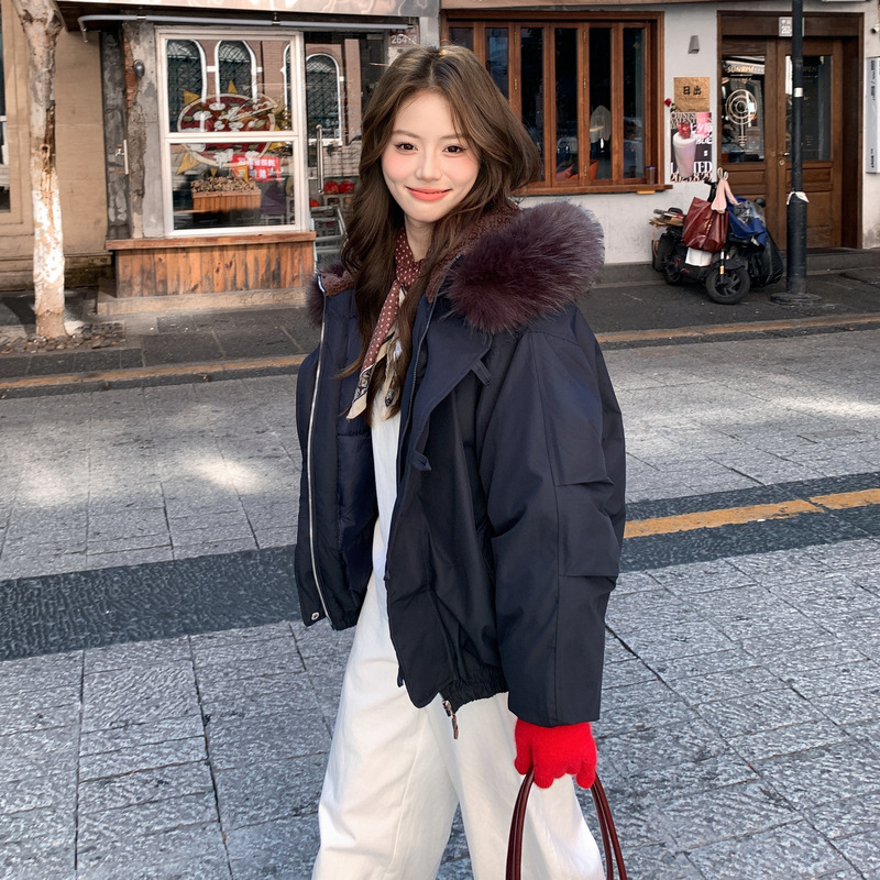外贸美式复古大毛领连帽棉服女冬季外套2025年新款牛角扣加厚棉衣|undefined