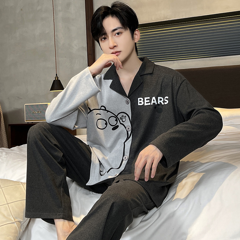 Pajamas Men's Velvet Autumn and Winter Long-Sleeved Double-Sided Cartoon Cardigan Thickened Youth Home Wear Set Ready for Sale