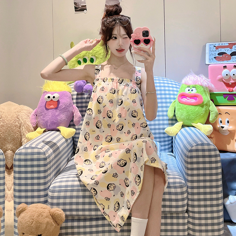 2025 nuevo pijama de hilo de algodón de nube para mujer camisón de tirantes de verano niña de dibujos animados dulce con cojín para el pecho servicio a domicilio