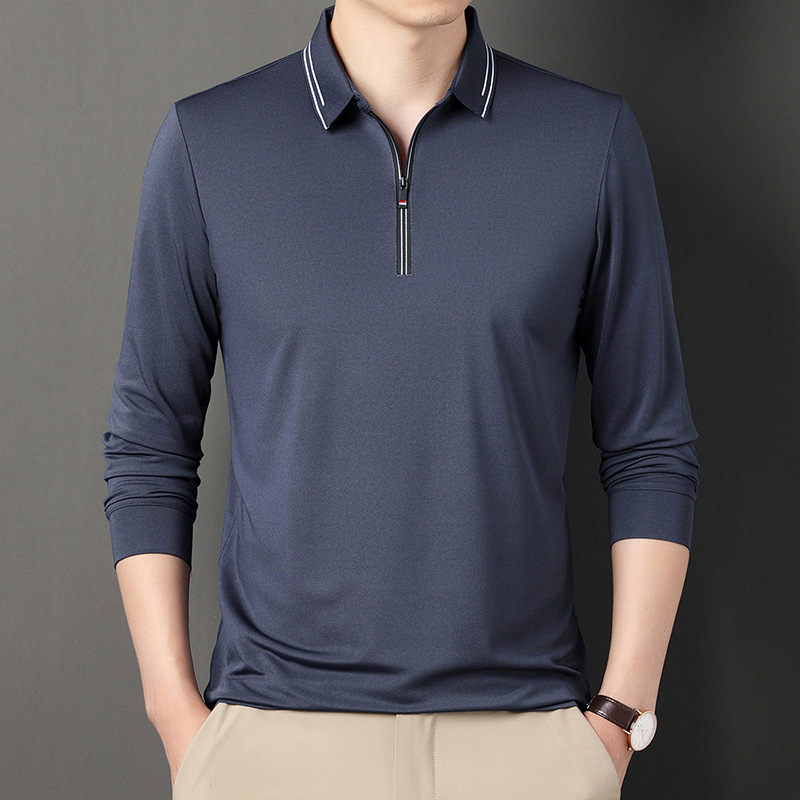 Neues Herren-Poloshirt mit halbem Reißverschluss, Langarm-T-Shirt für Frühling und Herbst, minimalistische Business-Jugend-Loose-Fit für Herren, übergroßes Papa-Outfit_voghion.com