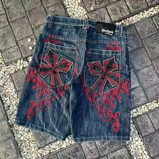 Cross-border factory direct European and American full embroidery Denim shorts high street Harajuku Gothic loose wide leg pants