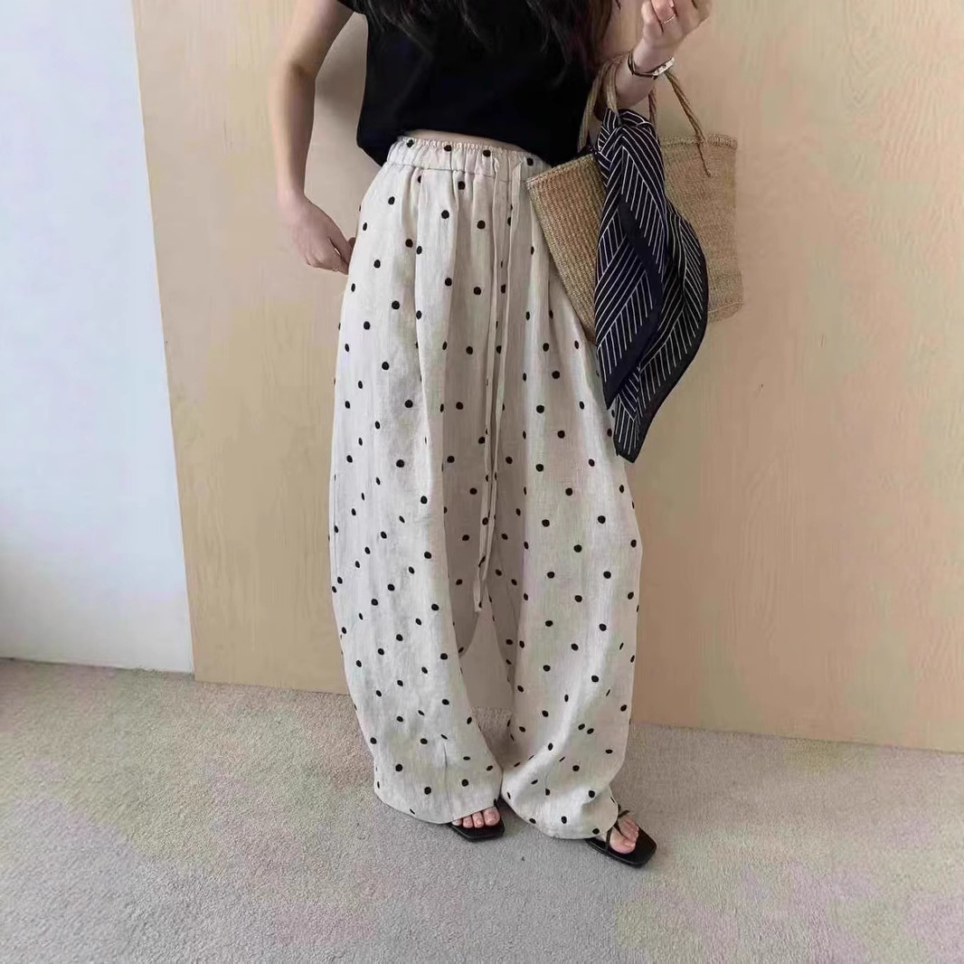 薄款垂坠感苎麻阔腿裤女2026夏季新款波点印花亚麻休闲直筒长裤子