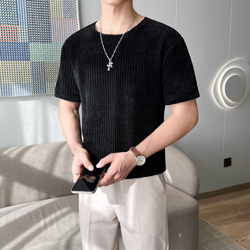 Self-Designed Chenille Fabric T594 Batch 26 Black Apricot M-3Xl T-Shirt, Solid Color, Round Neck, Regular Basic Style, Short Sleeve