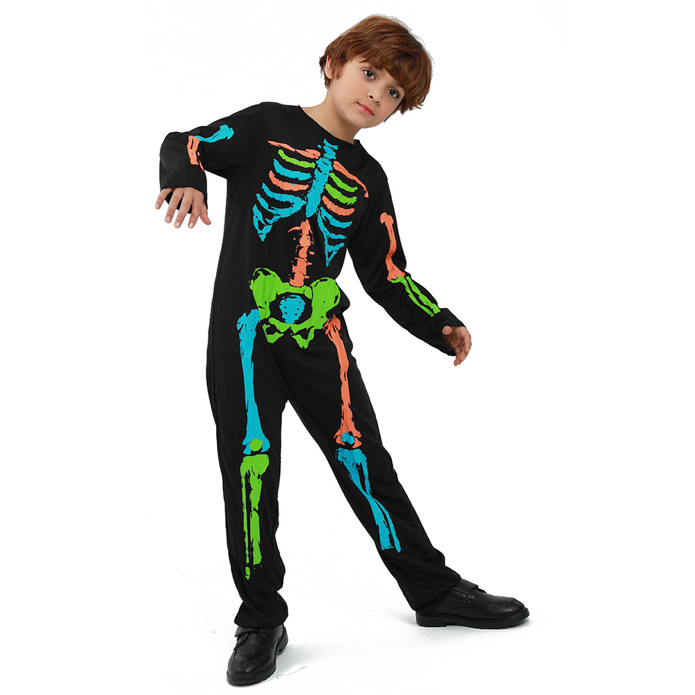 Ready Stock Halloween Costume Boys Colorful Skeleton Skeleton Jumpsuit Theme Party Campus Event Costume