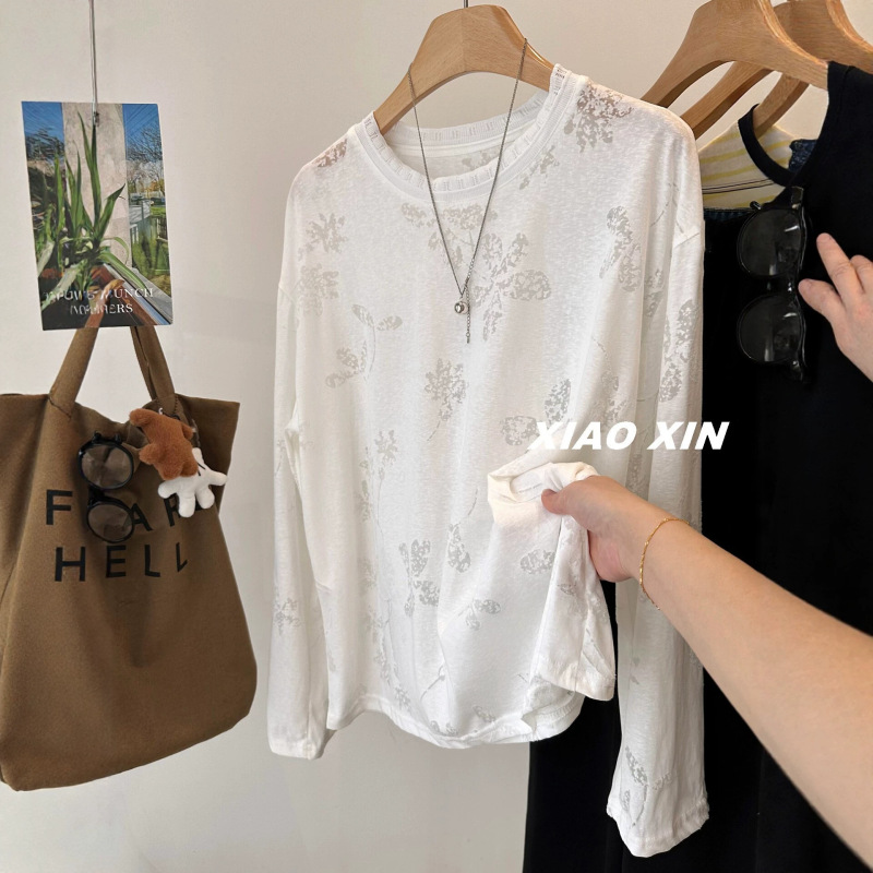120kg Plus-Size Women's White Long-Sleeve T-Shirt with Hollow Floral Design, Loose Round Neck, Exquisite Top for Spring 2026