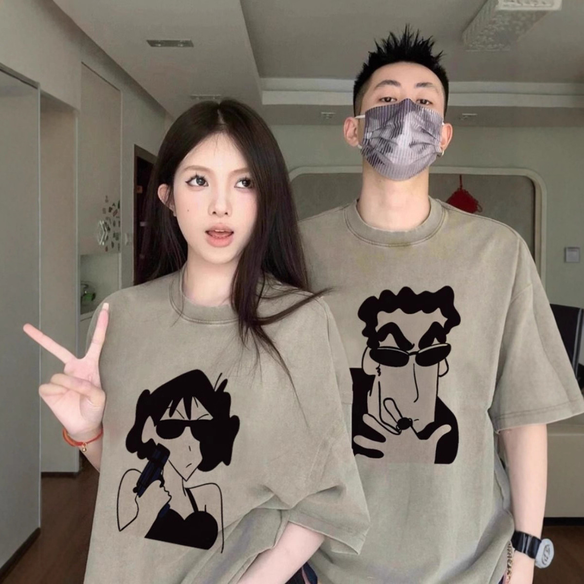 特别的网红情侣装T恤2025新款夏季套装高级感小众衣服短袖男