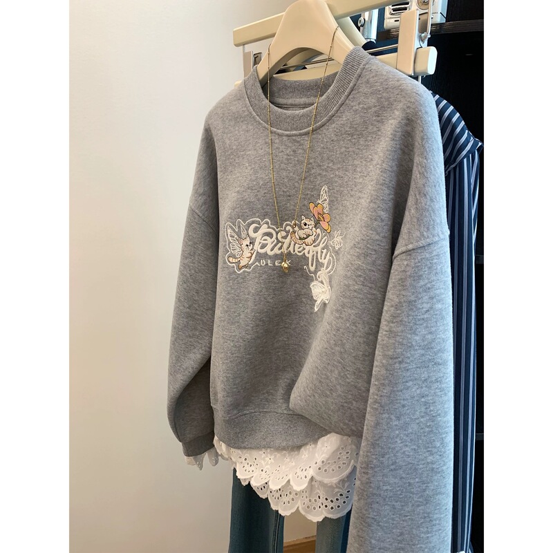 Outlet~ Clearance Sale Embroidered Patchwork Lace Sweatshirt for Women, Autumn/Winter Loose Fit, Fleece-Lined, Lazy Style Top Outlet~ Clearance Sale Embroidered Patchwork Lace Sweatshirt for Women, Autumn/Winter Loose Fit, Fleece-Lined, Lazy Style Top
