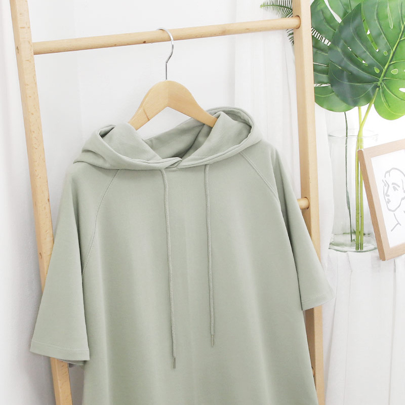 Estilo coreano color sólido simple verano cordón camiseta verano Mujer suéter con capucha manga corta suelta split 200kg Campus Todo a juego