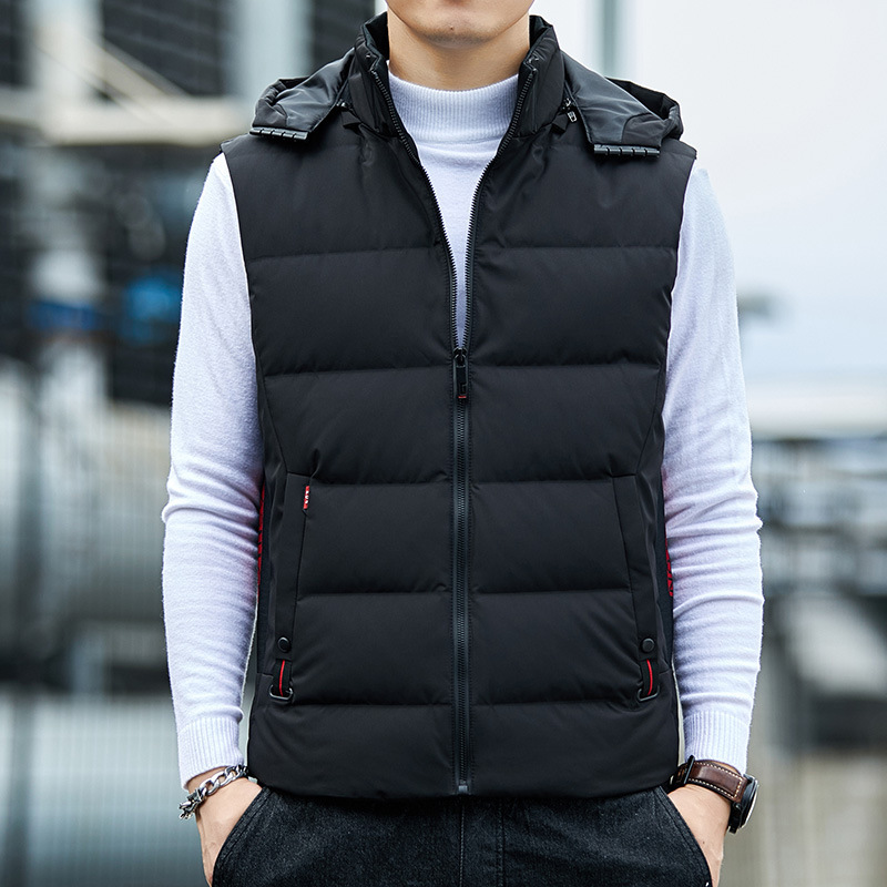 겨울 다운 조끼 남성 조수 따뜻한 민소매 조끼 재킷 80% 화이트 오리 다운 가볍고 얇은 후드 조끼 남성 조끼