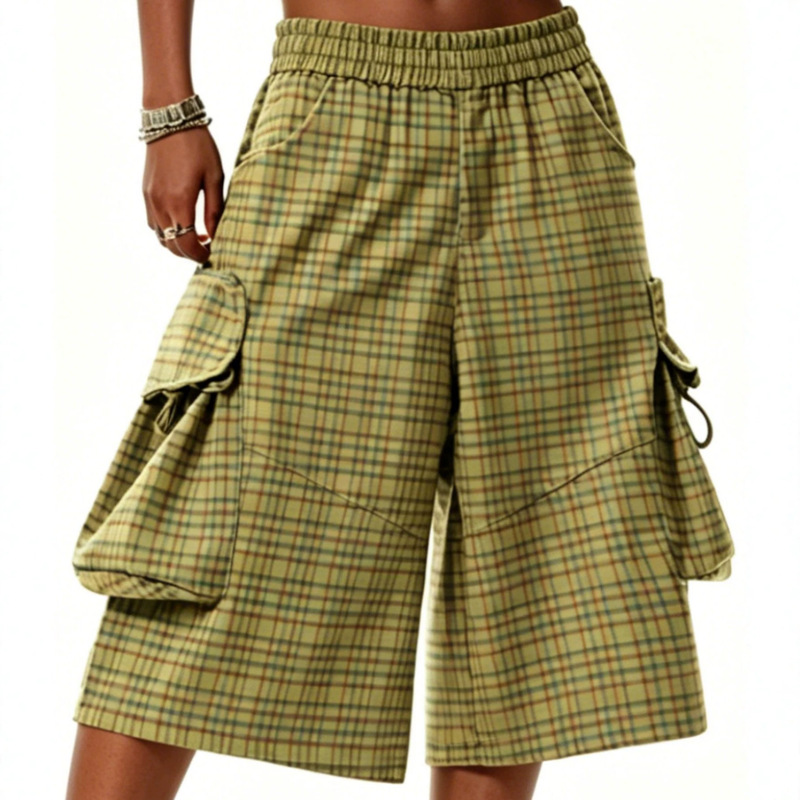 American-Style Plaid Cargo Shorts with Large Pockets for Women, New Summer Casual Versatile Wide-Leg Pants, Trendy Cross-Border Trade American-Style Plaid Cargo Shorts with Large Pockets for Women, New Summer Casual Versatile Wide-Leg Pants, Trendy Cross-Border Trade