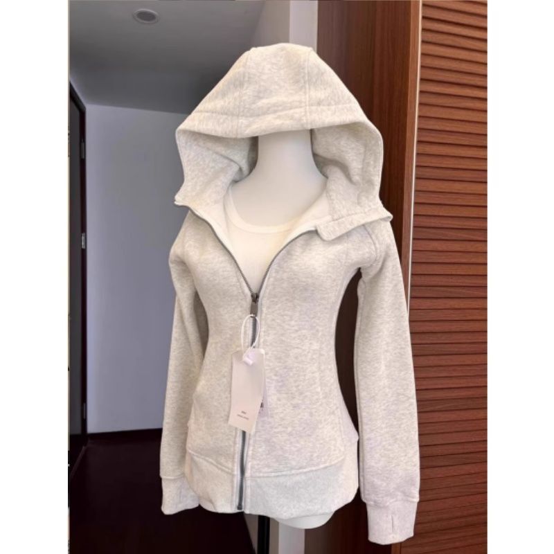 White and Gray Cardigan Slimming Spring Jacket Women's Sweatshirt Spring and Autum Clothes Hoodie Waist Slimming Short Top
