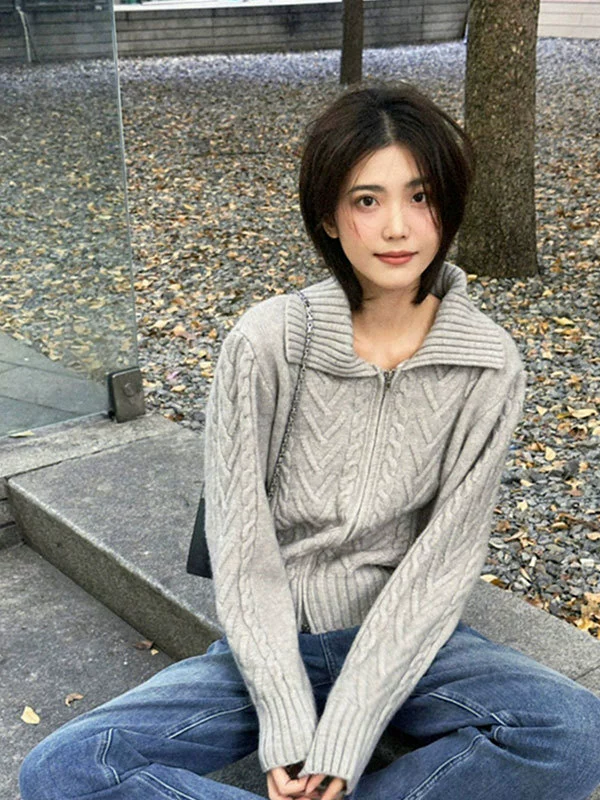 Осень и зима новый серый свитер для женщин утолщенный осень и зима 2023 Новый свитер с лацканами в ленивом стиле