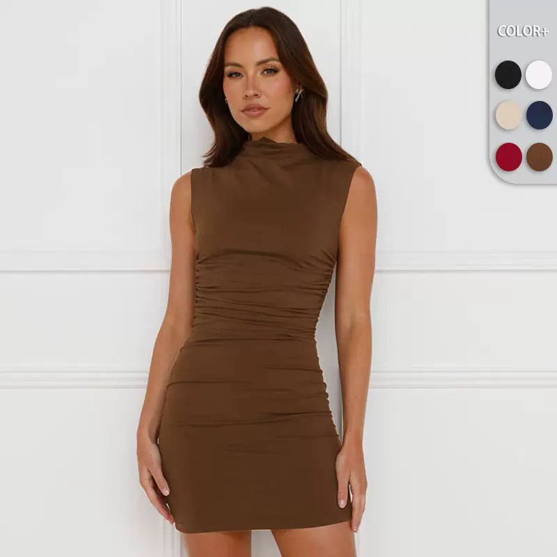 2025新款跨境女式性感半高领褶皱收腰短裙欧美女装气质纯色连衣裙