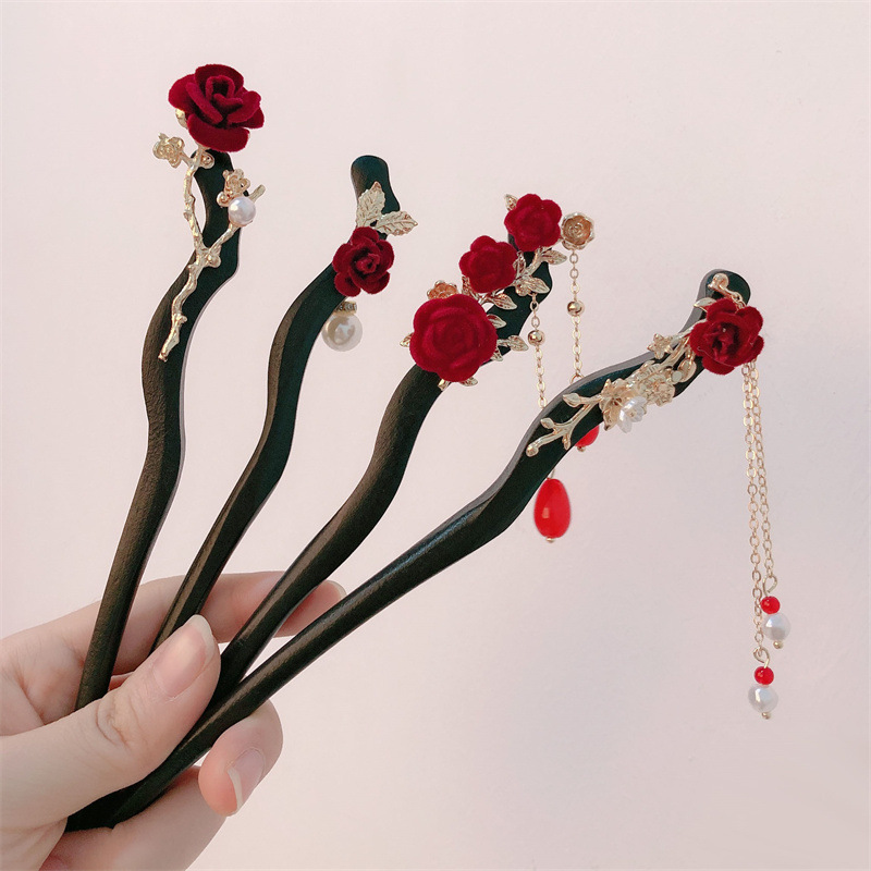 Nueva horquilla de flor de rosa de madera china de alta calidad, bloqueo de larga duración, borla, horquilla para el cabello, accesorios para la cabeza de las mujeres, horquilla para el cabello