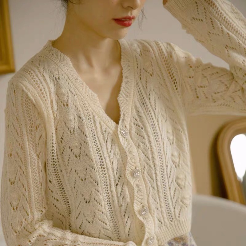2024 Knitted Elegant Commuter Raccoon Hair Lace Cotton Beads Irregular Thin Chanel Style Cardigan Cherry 2024 Knitted Elegant Commuter Raccoon Hair Lace Cotton Beads Irregular Thin Chanel Style Cardigan Cherry