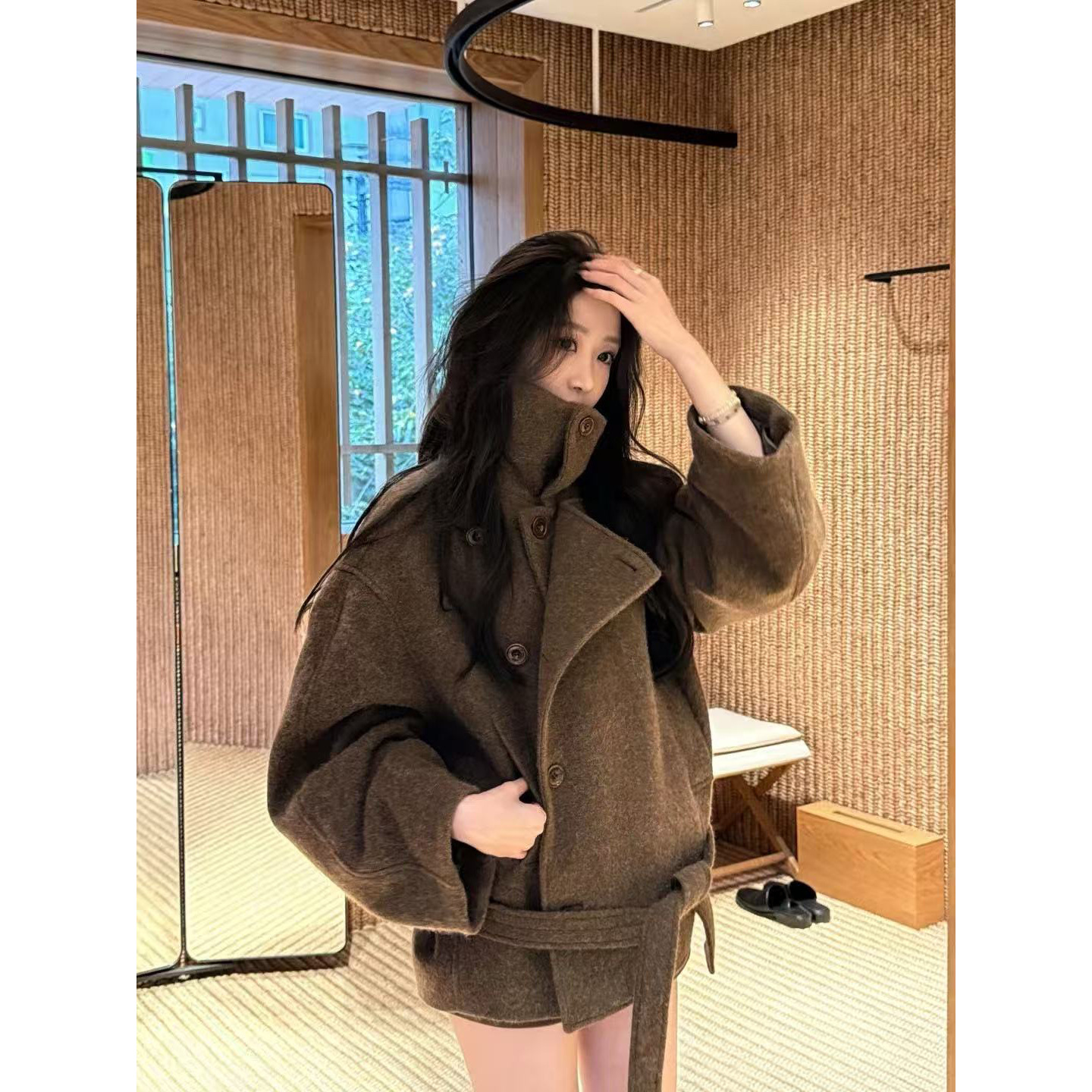 Now the New 2025 Winter Korean Dongdaemun Kim Min-Hee Stand-Collar Wool Mid-Length Woolen Coat