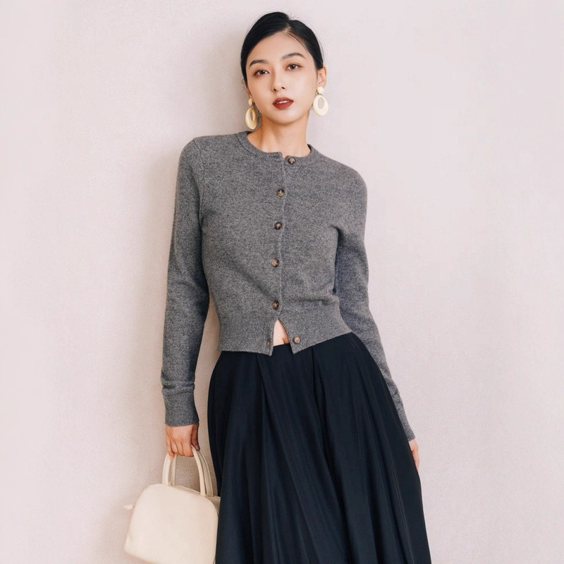 Highly Recommended B-Grade Cashmere Wool Soft Classic Crew Neck Versatile Cardigan Top