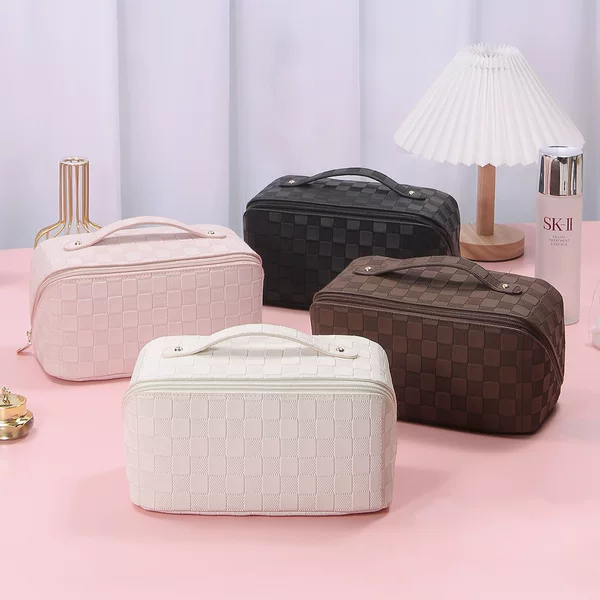 Advanced Sense PU Leather Cosmetic Bag Checkered Pillow Bag Large Capacity Toiletry Bag Multi-Functional Waterproof Storage Bag
