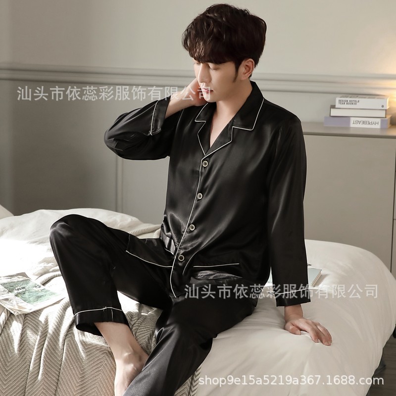 YIRUICAI 봄과 가을 남성 잠옷 긴팔 얼음 실크 얇은 가디건 대형 검은 옷깃 여름 실크 가정복