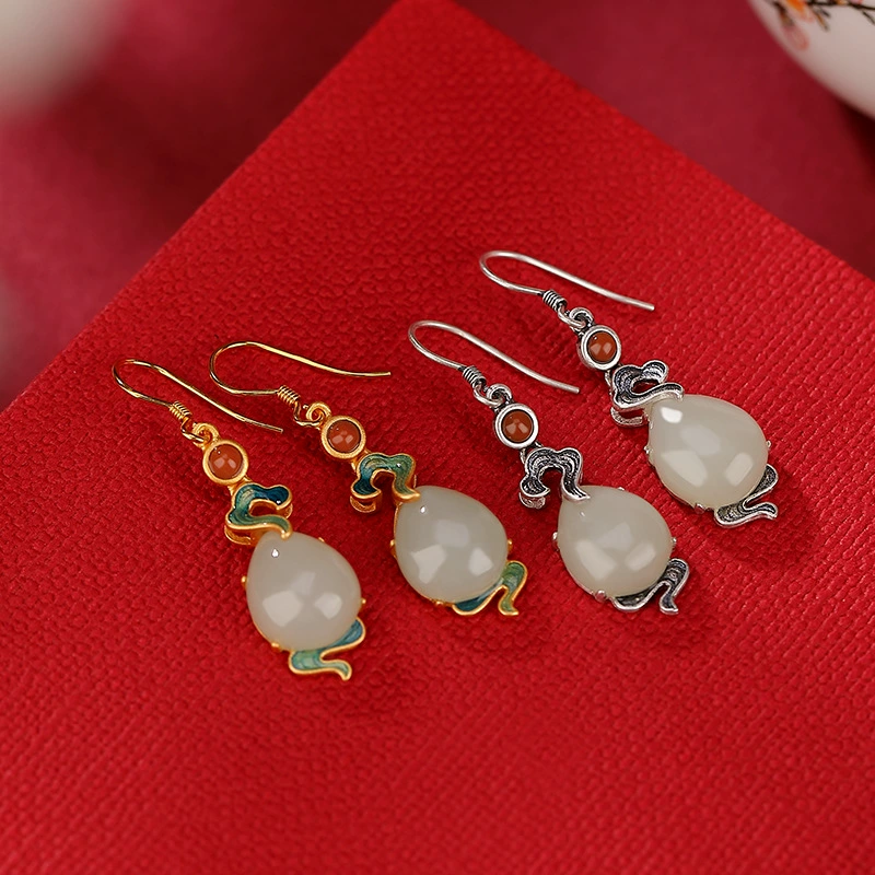 壹鹿银 Red retro earrings jade, silver 925 sample